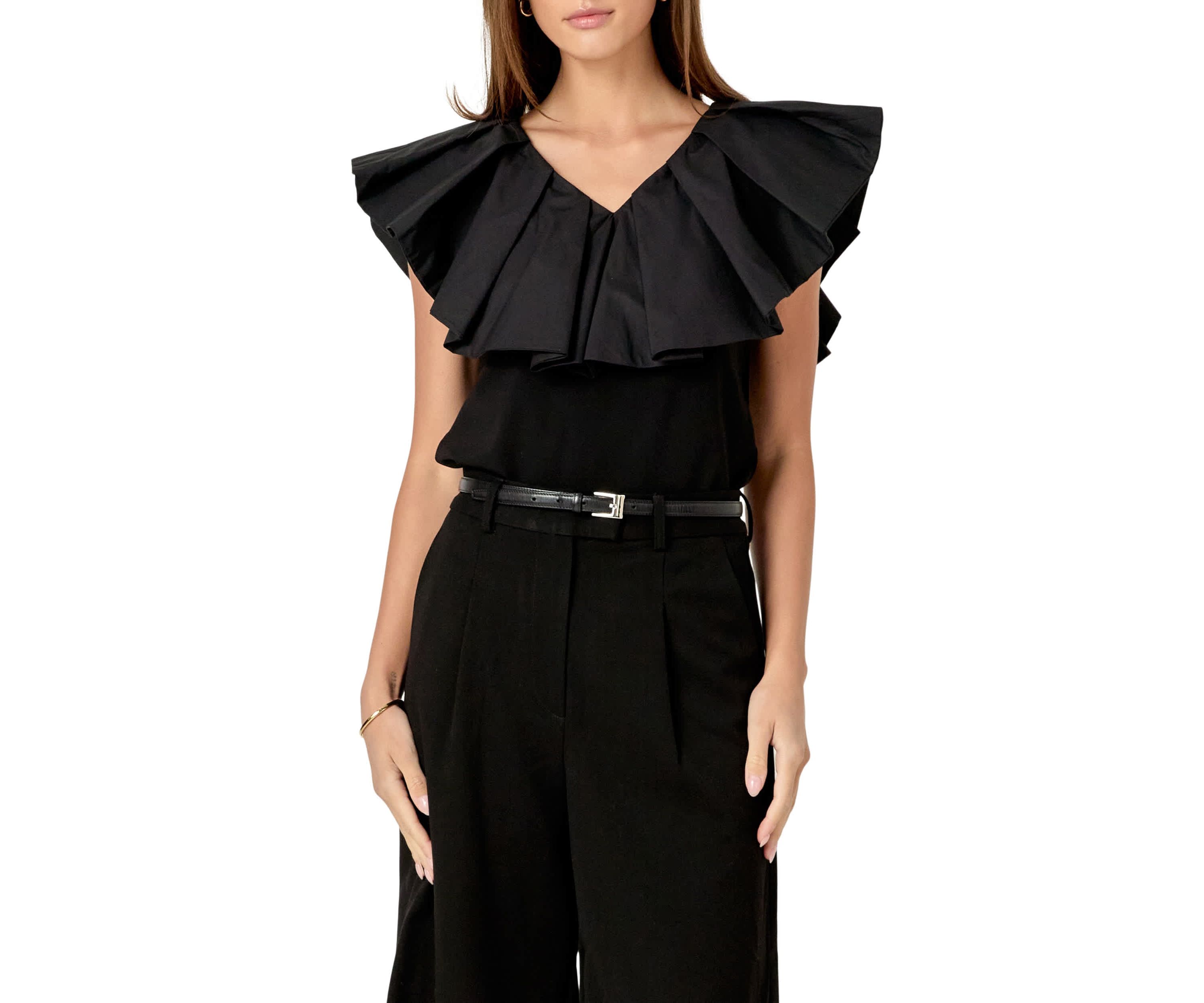 MIX MEDIA RUFFLED SLEEVELESS TOP