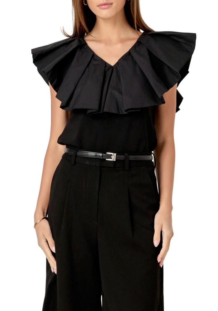 MIX MEDIA RUFFLED SLEEVELESS TOP