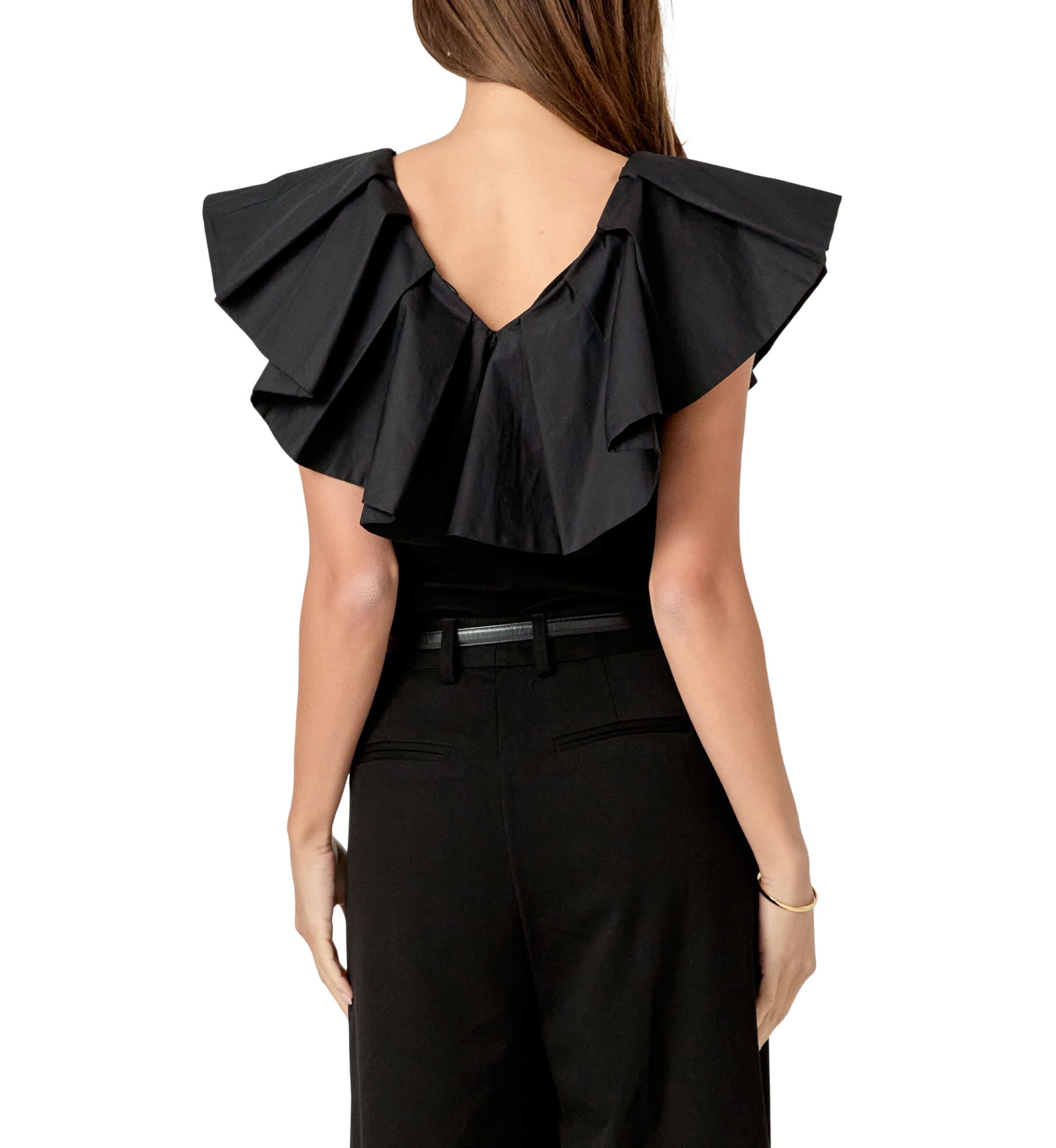 MIX MEDIA RUFFLED SLEEVELESS TOP