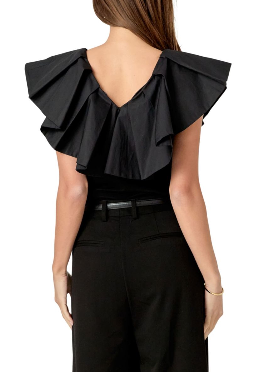 MIX MEDIA RUFFLED SLEEVELESS TOP