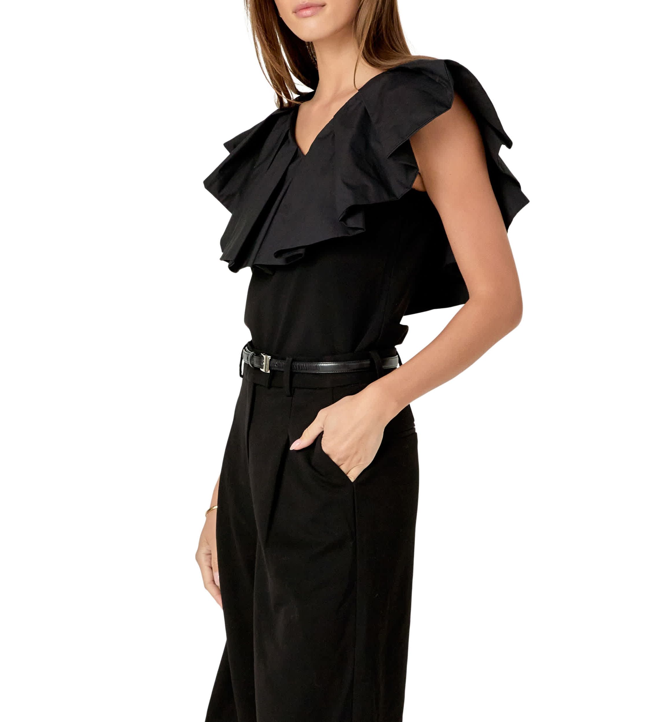 MIX MEDIA RUFFLED SLEEVELESS TOP