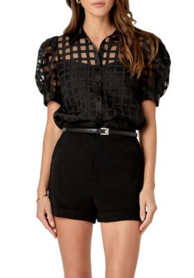 ENGLISH FACTORY Women's Short Sleeve Organza Grid Blouse, Black, Medium