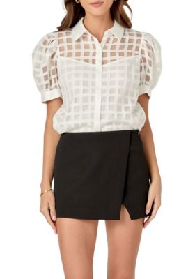 ENGLISH FACTORY Women's Short Sleeve Organza Grid Blouse, White, XS