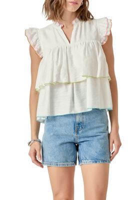 ENGLISH FACTORY Women's Colorblock Edge Tiered Top, White, Medium