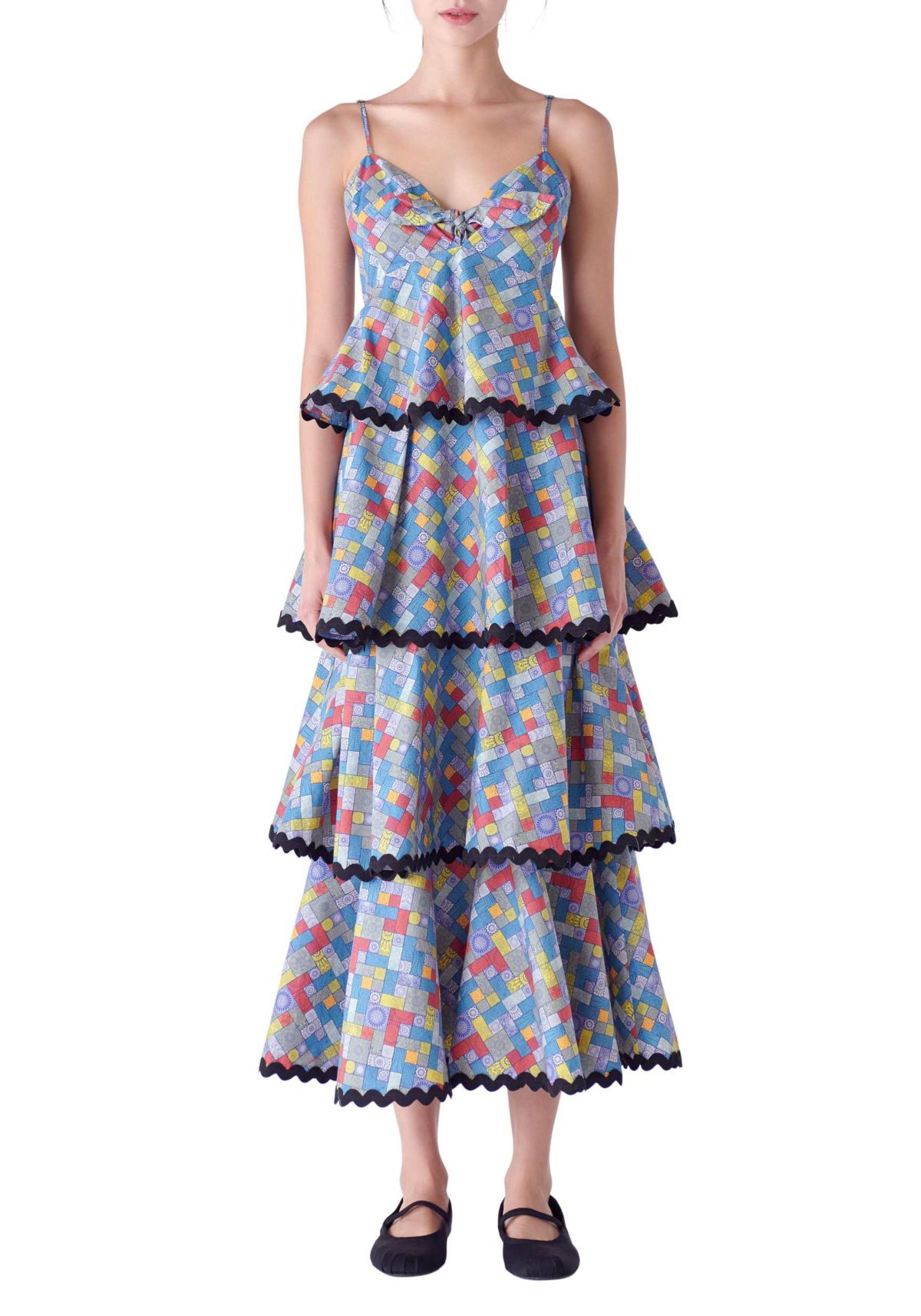 Grid Print Tiered Maxi Dress with Ric Rac Trim