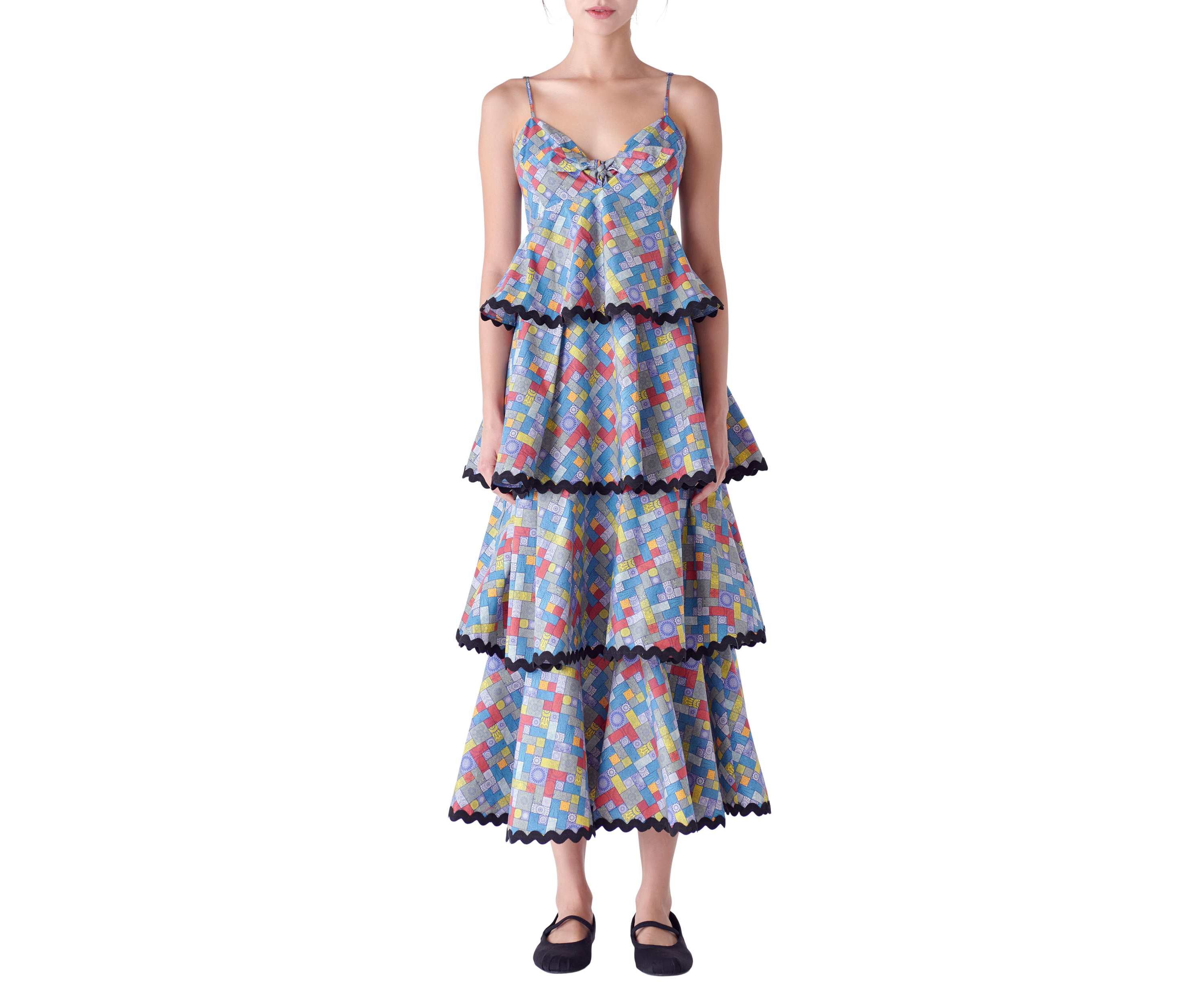 Grid Print Tiered Maxi Dress with Ric Rac Trim
