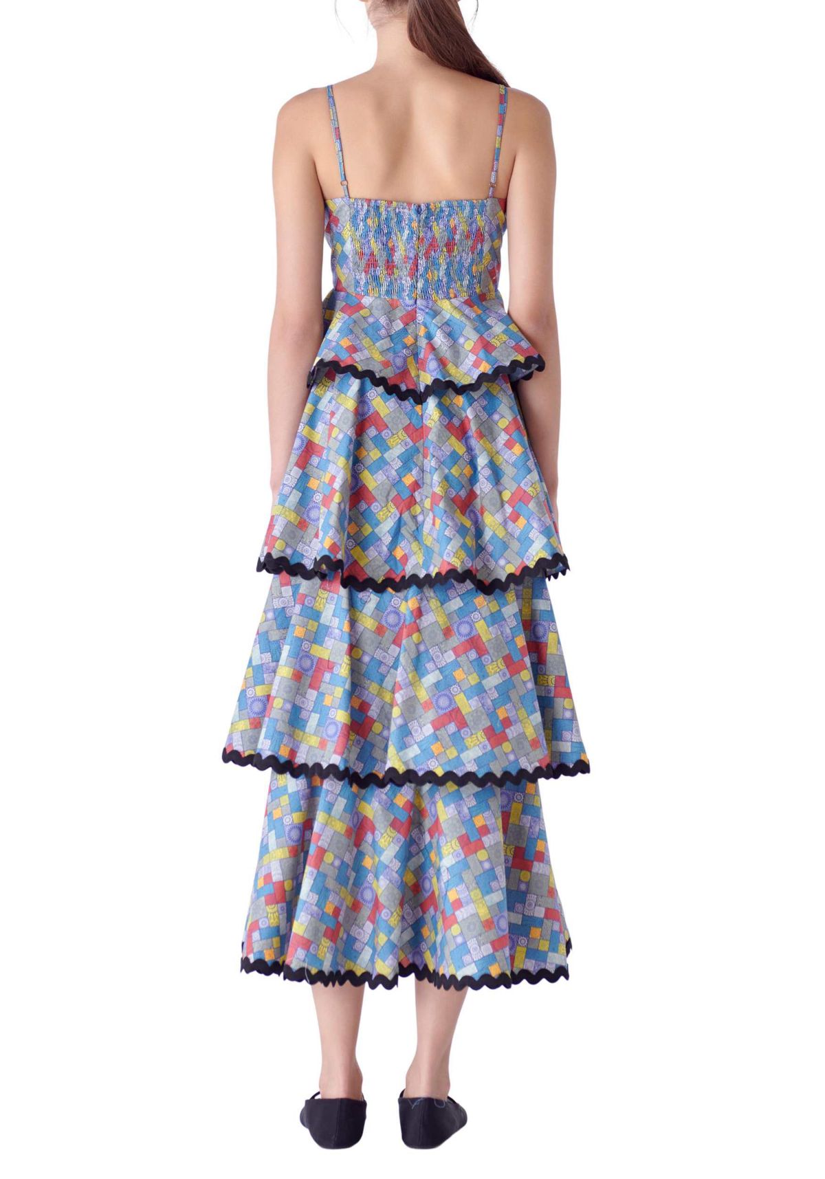 Grid Print Tiered Maxi Dress with Ric Rac Trim