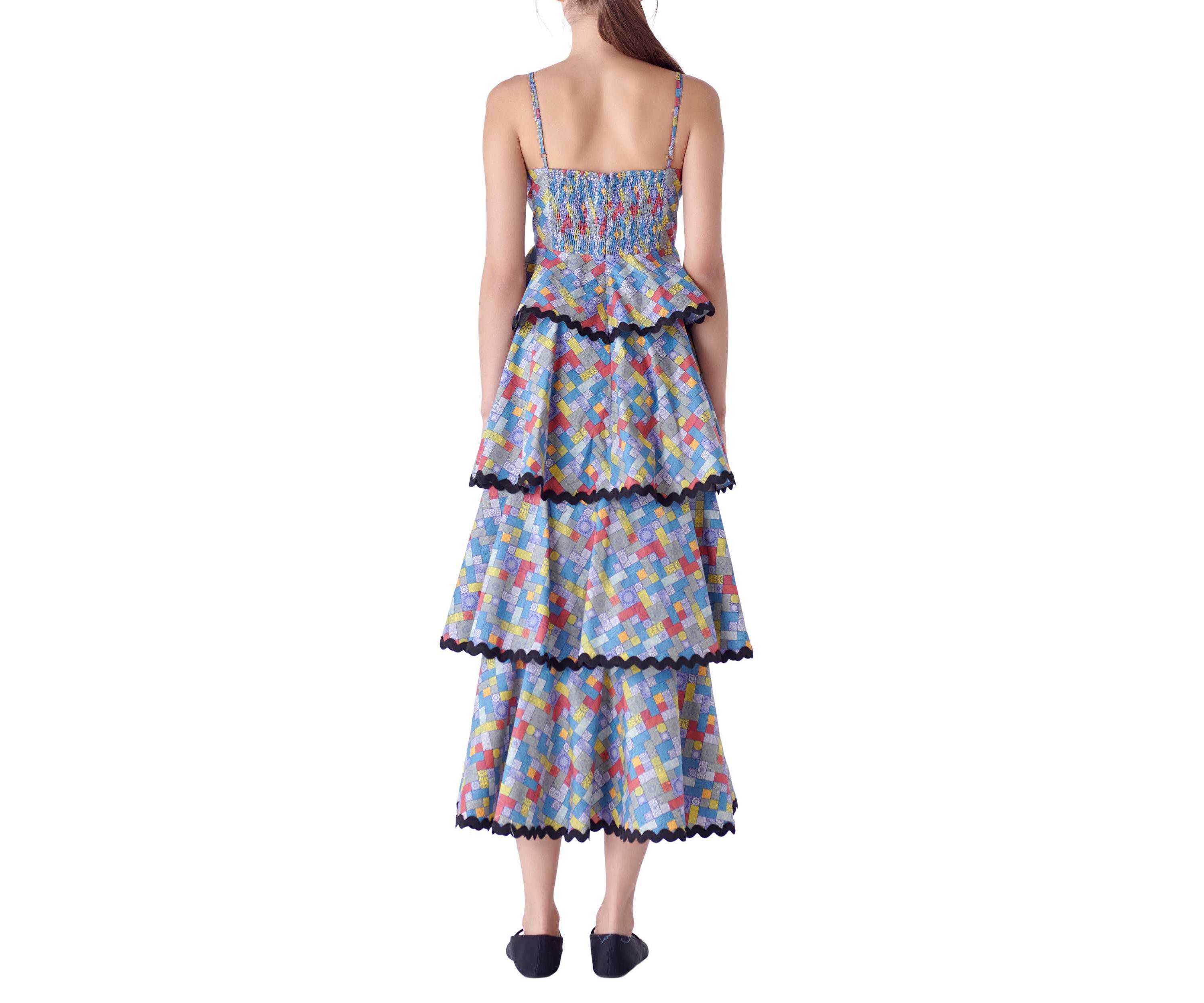 Grid Print Tiered Maxi Dress with Ric Rac Trim