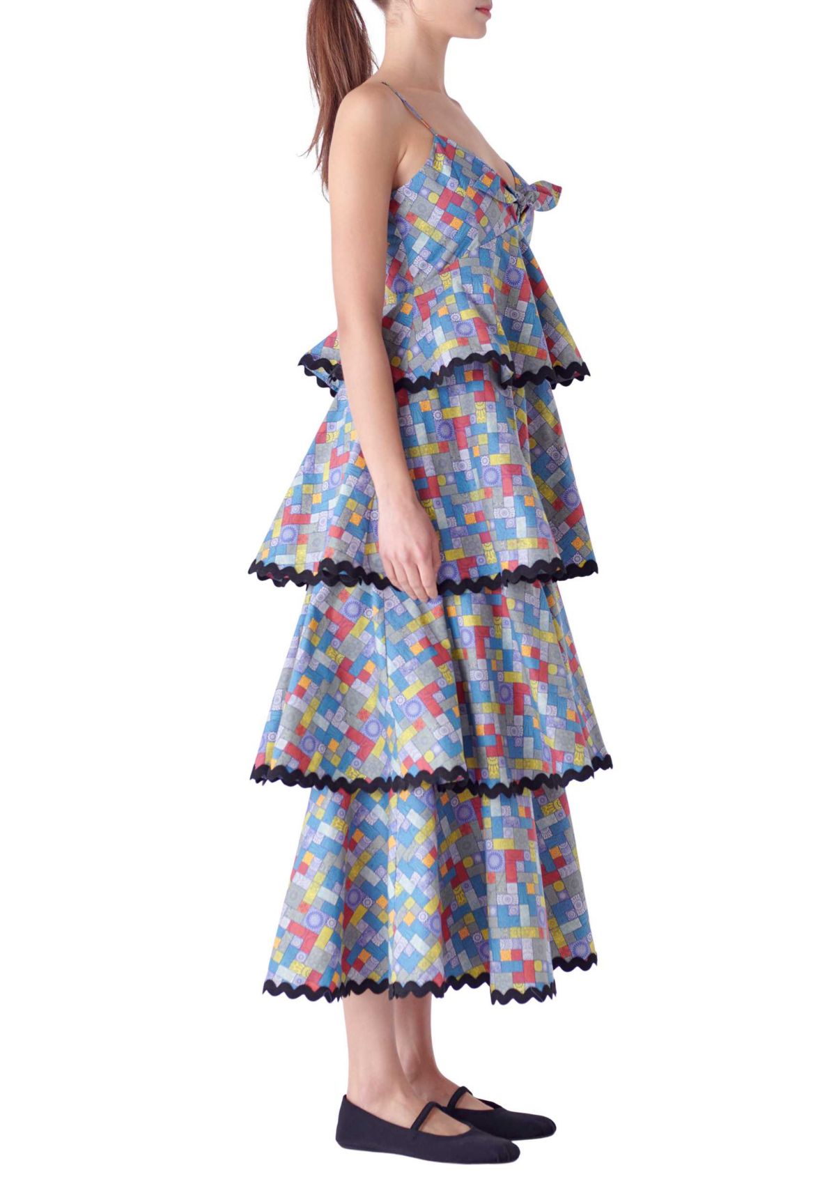 Grid Print Tiered Maxi Dress with Ric Rac Trim