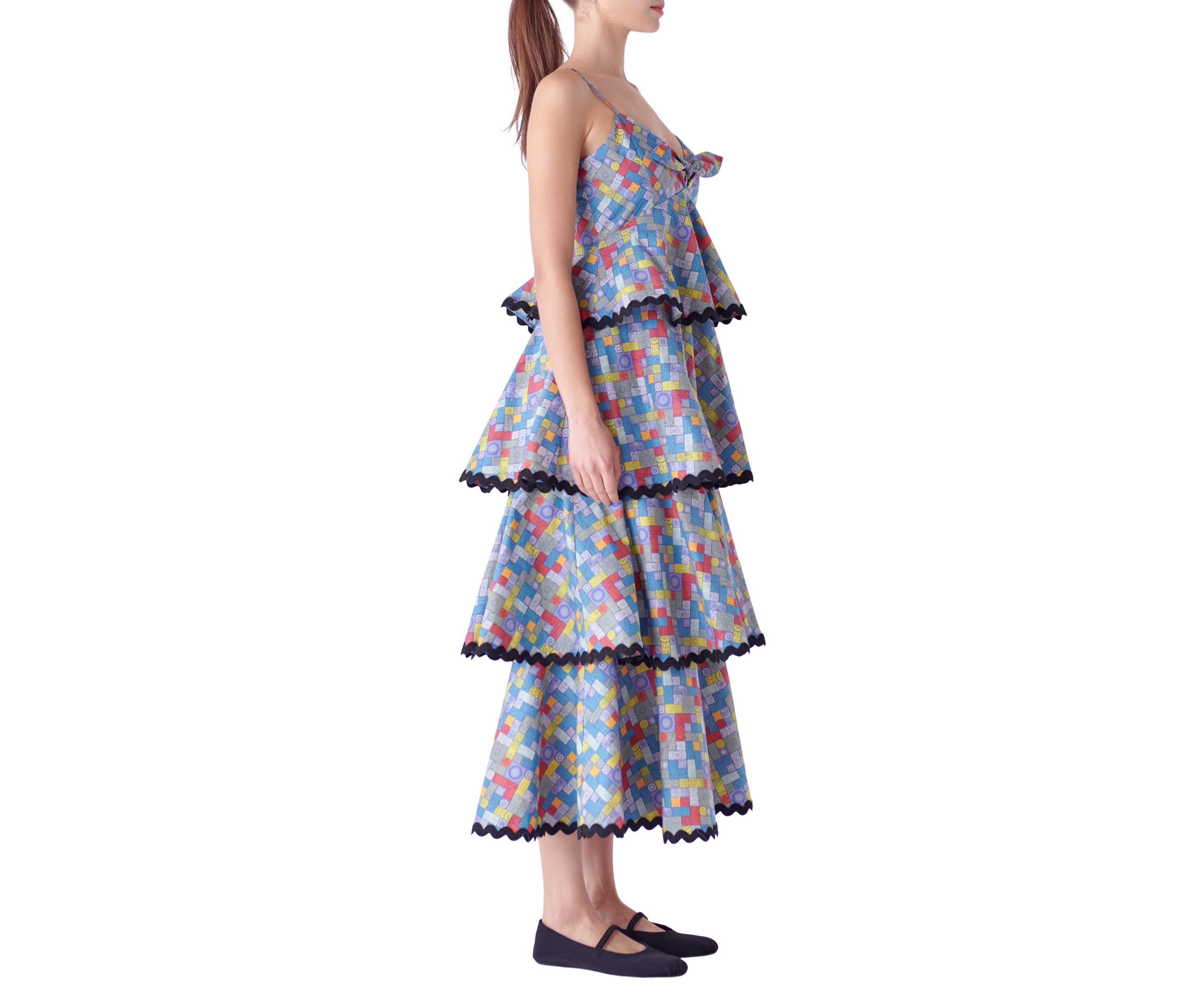 Grid Print Tiered Maxi Dress with Ric Rac Trim