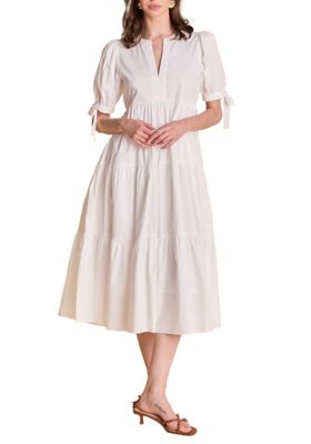 ENGLISH FACTORY Women's TIERED MIDI DRESS WITH BOW-TIE SLEEVES, White, Medium