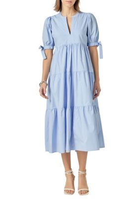 ENGLISH FACTORY Women's TIERED MIDI DRESS WITH BOW-TIE SLEEVES, Blue, Medium
