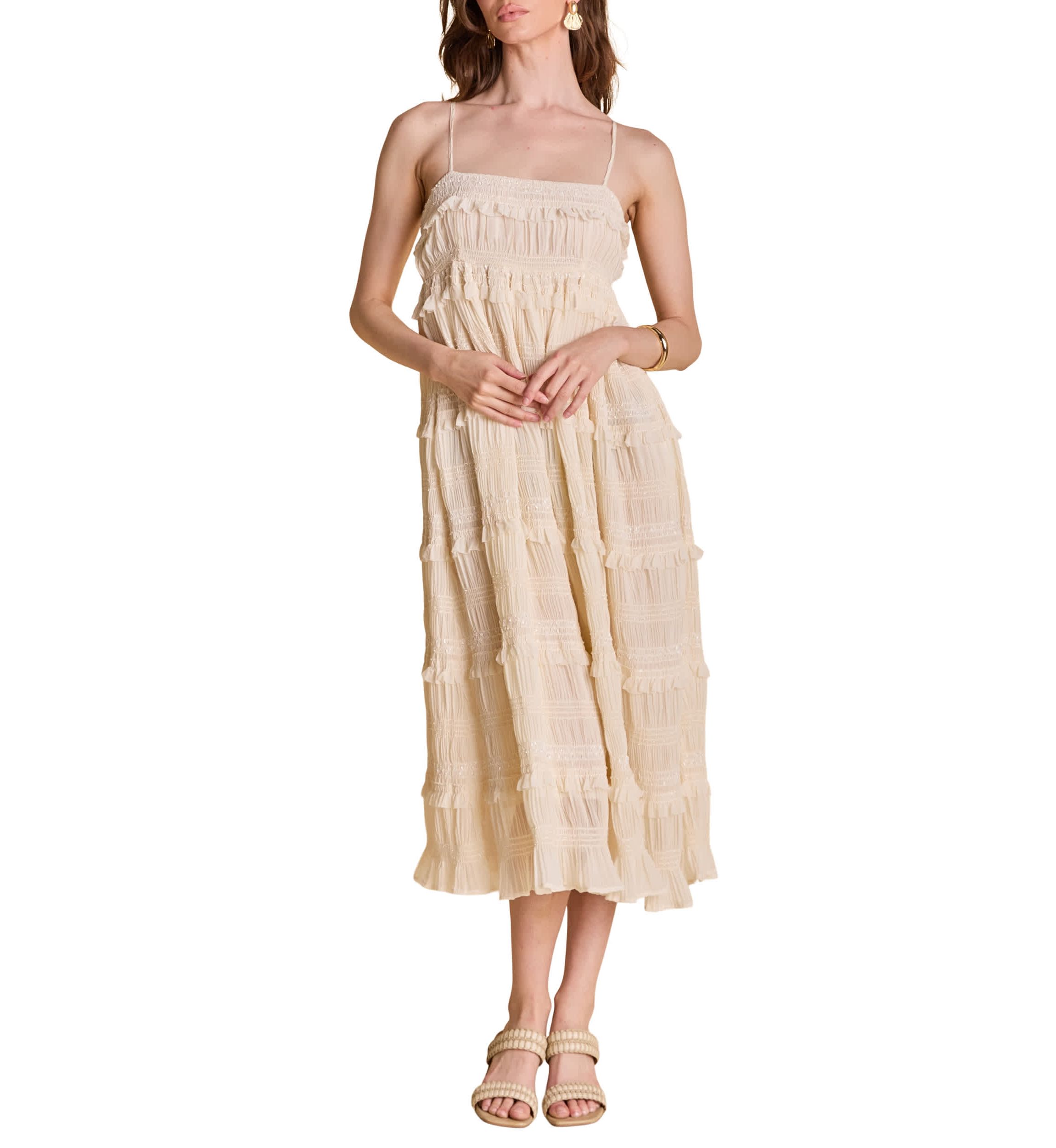 SMOCKED SLEEVELESS MIDI DRESS