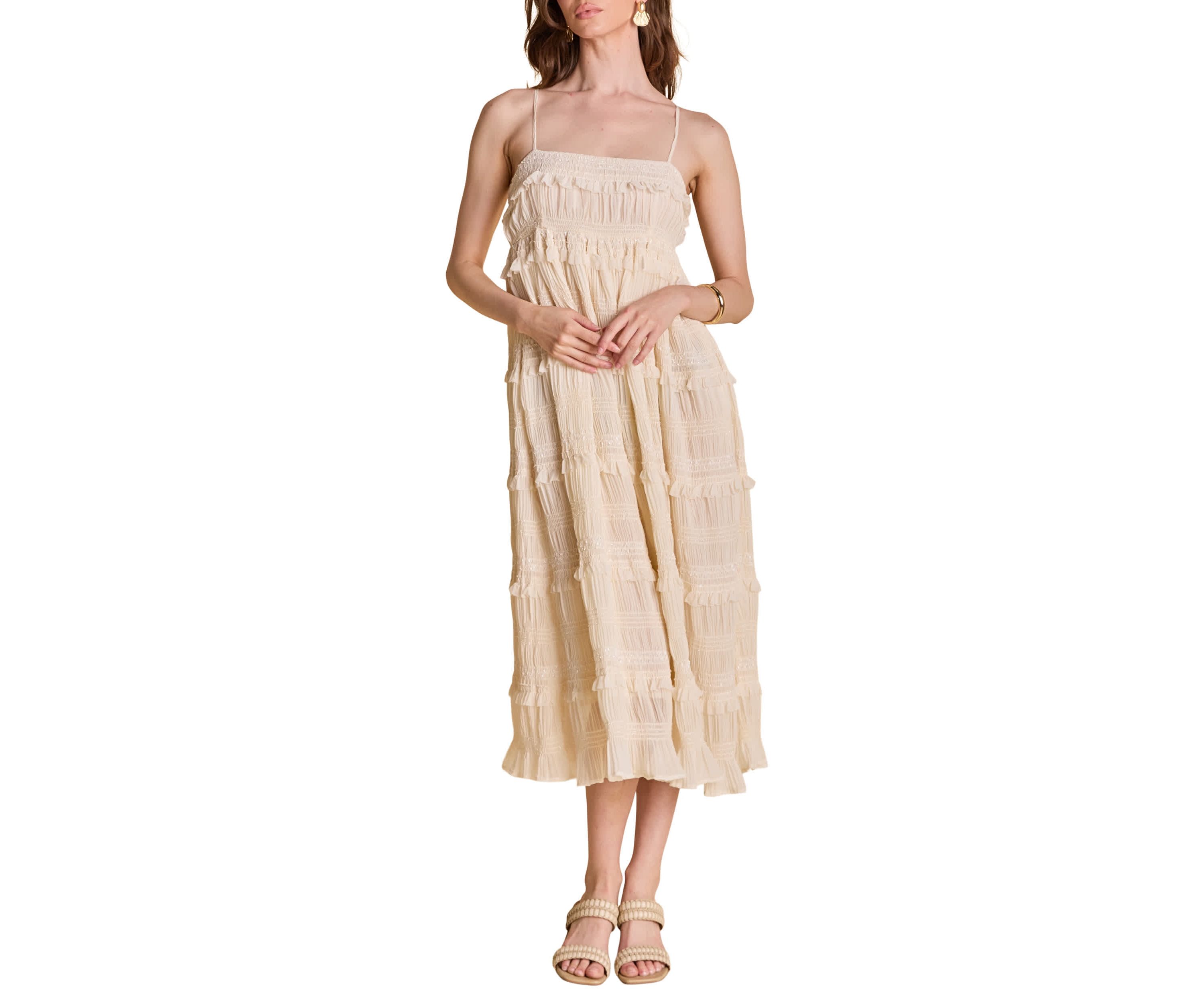SMOCKED SLEEVELESS MIDI DRESS