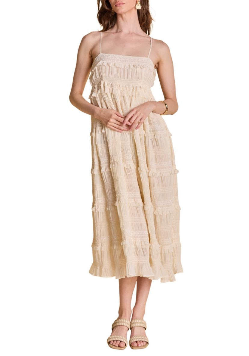 SMOCKED SLEEVELESS MIDI DRESS