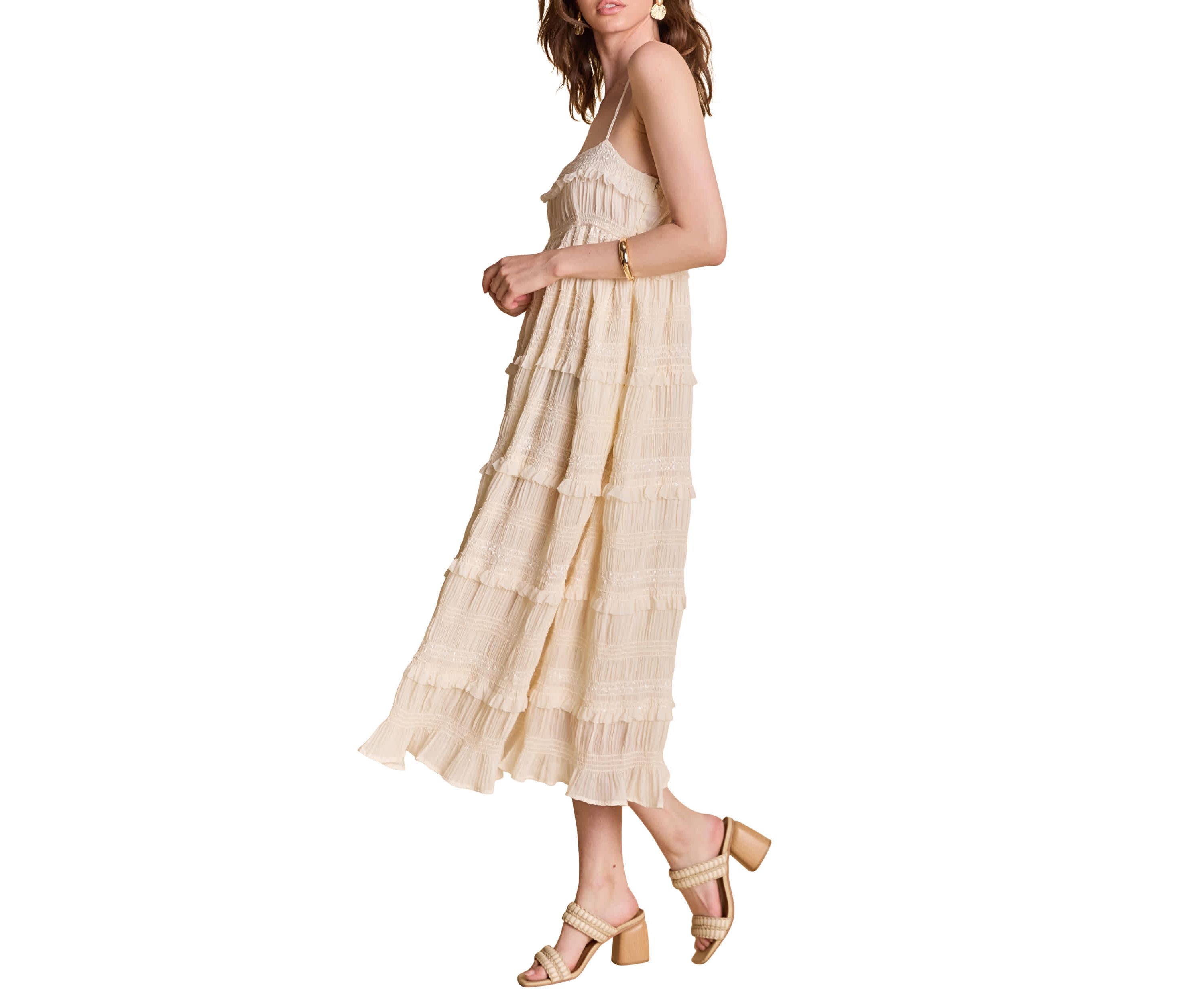 SMOCKED SLEEVELESS MIDI DRESS