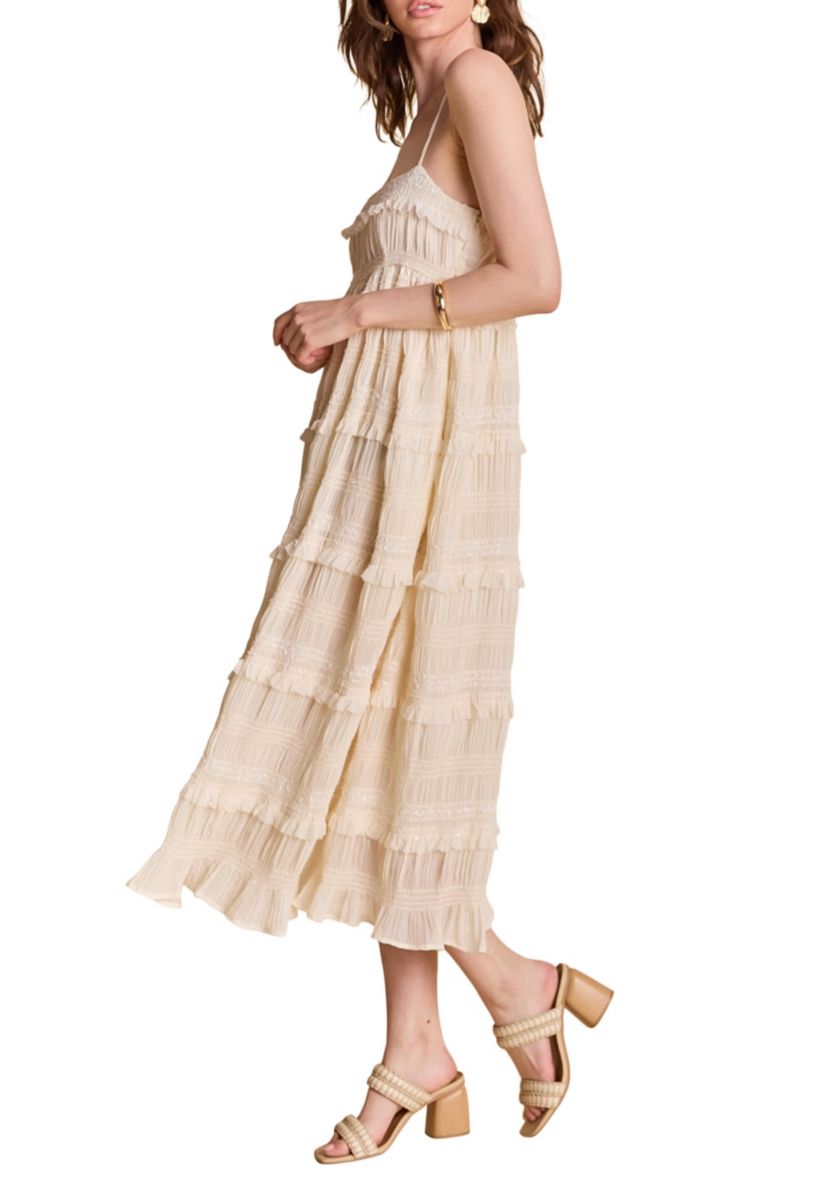 SMOCKED SLEEVELESS MIDI DRESS