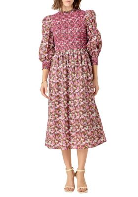 ENGLISH FACTORY Women's Smocked Midi Dress, Pink, Large