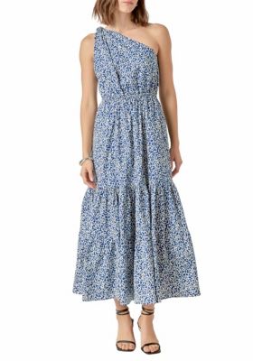 ENGLISH FACTORY Women's PRINT ONE SHOULDER MAXI DRESS, Blue, Large