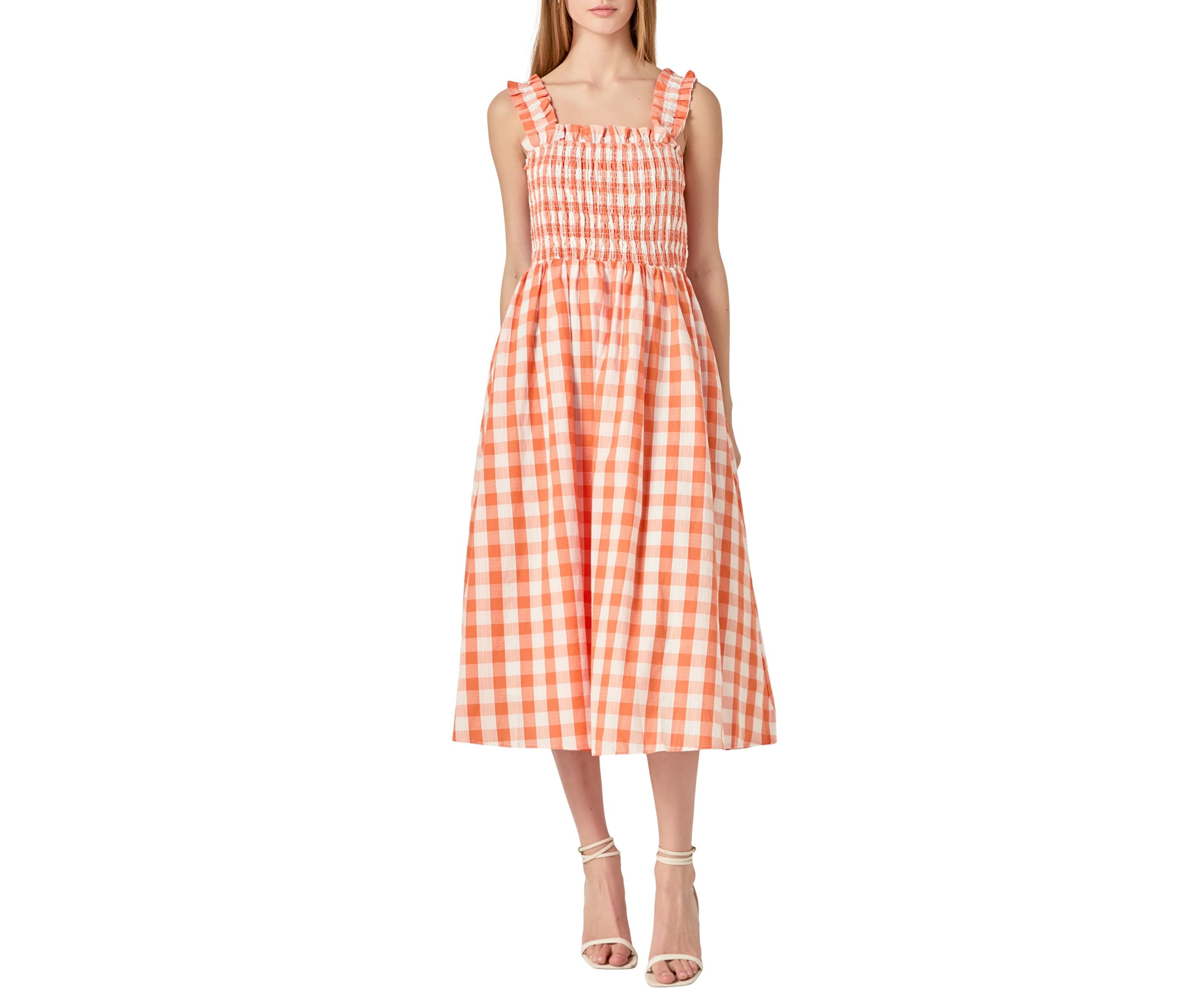Check Print Smocked Dress