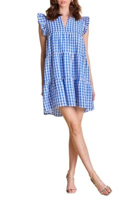 ENGLISH FACTORY Women's Gingham Check Babydoll Mini Dress, Blue, Medium
