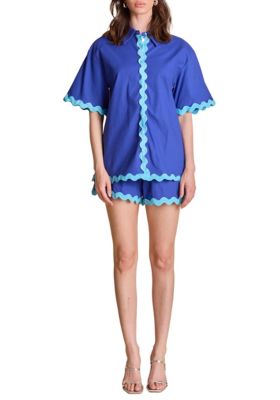 ENGLISH FACTORY Women's SCALLOP DETAILED SHORT SLEEVES SHIRT, Blue, Large