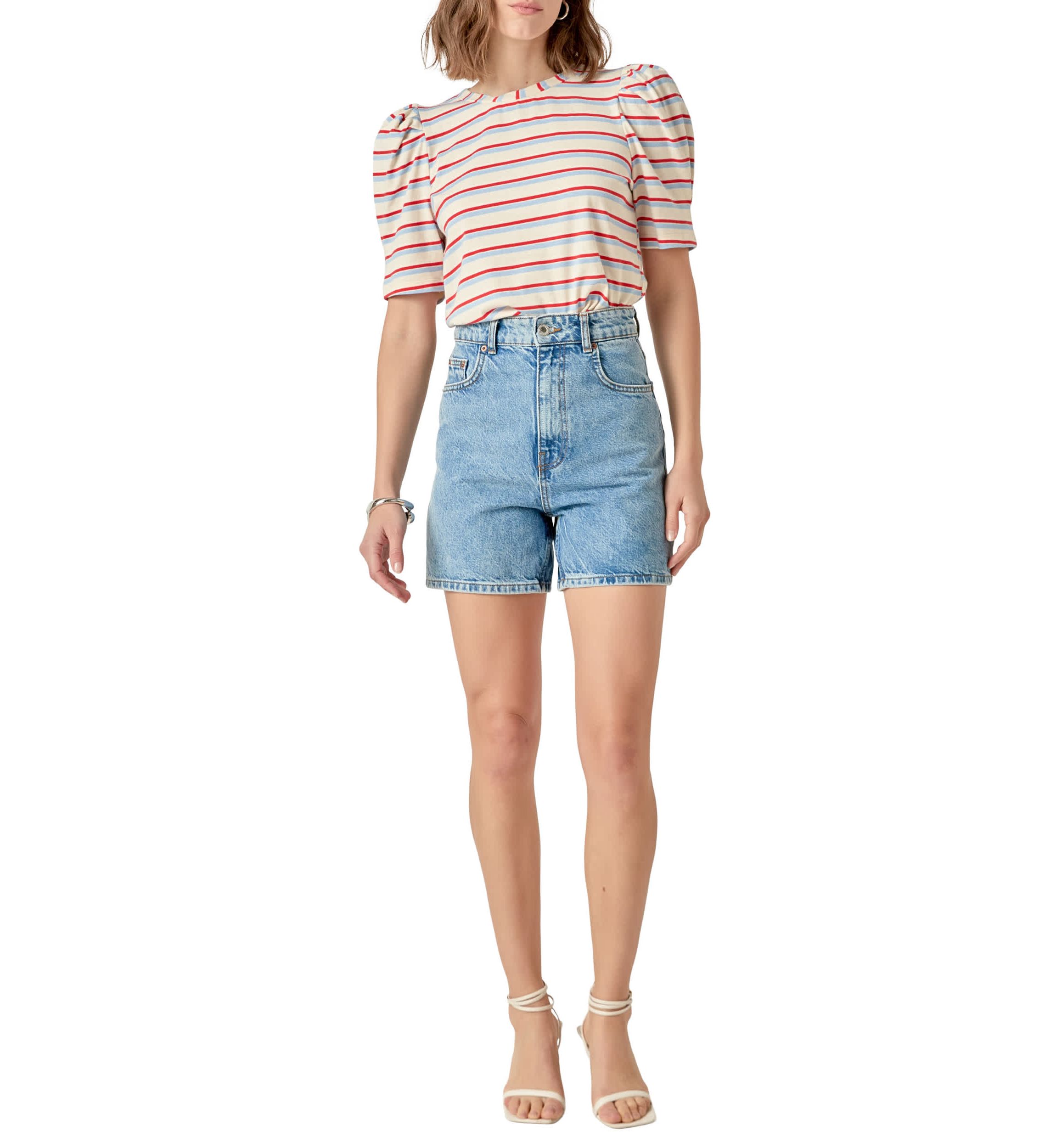 STRIPE KNIT PUFF SLEEVE SHIRT