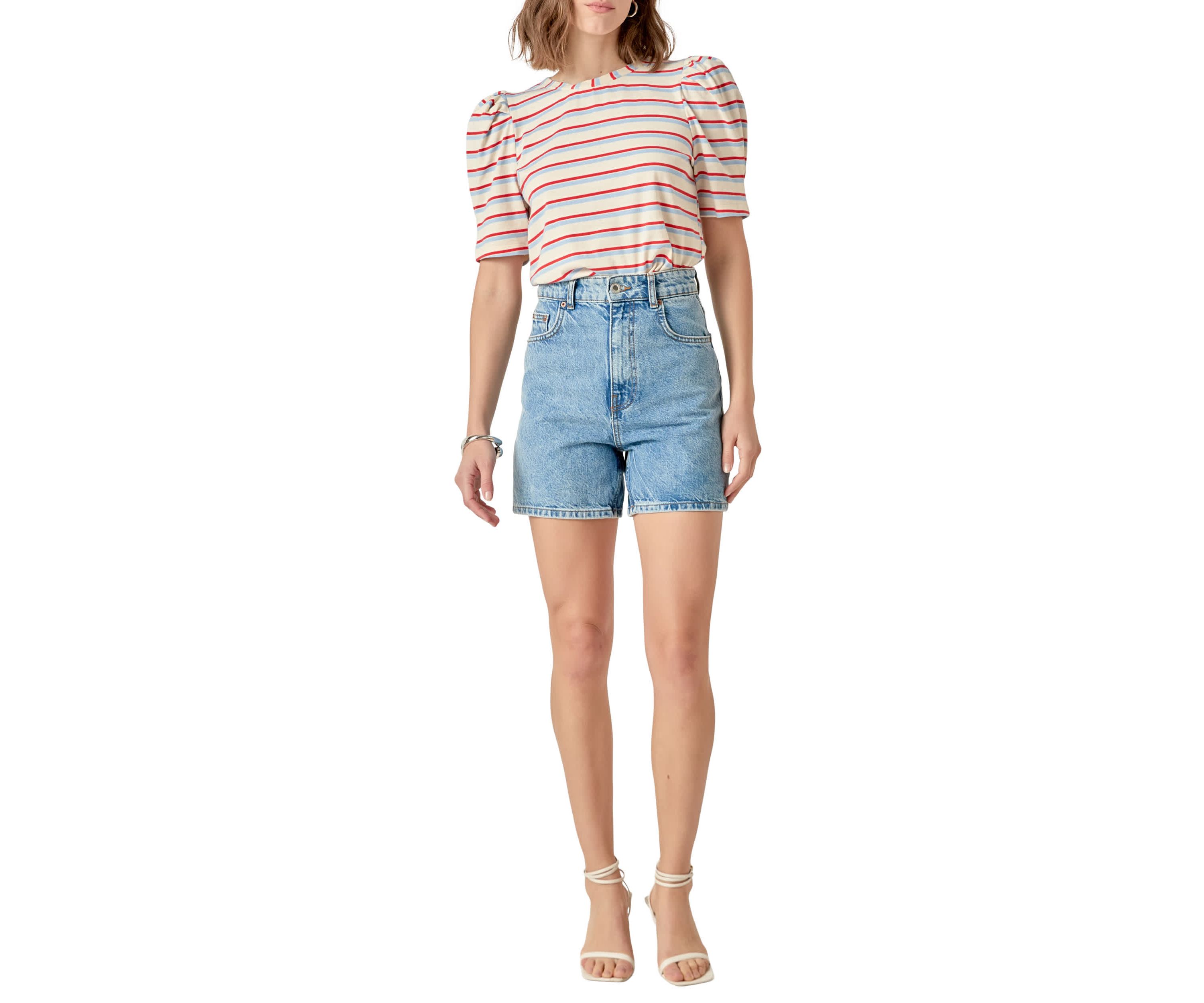 STRIPE KNIT PUFF SLEEVE SHIRT
