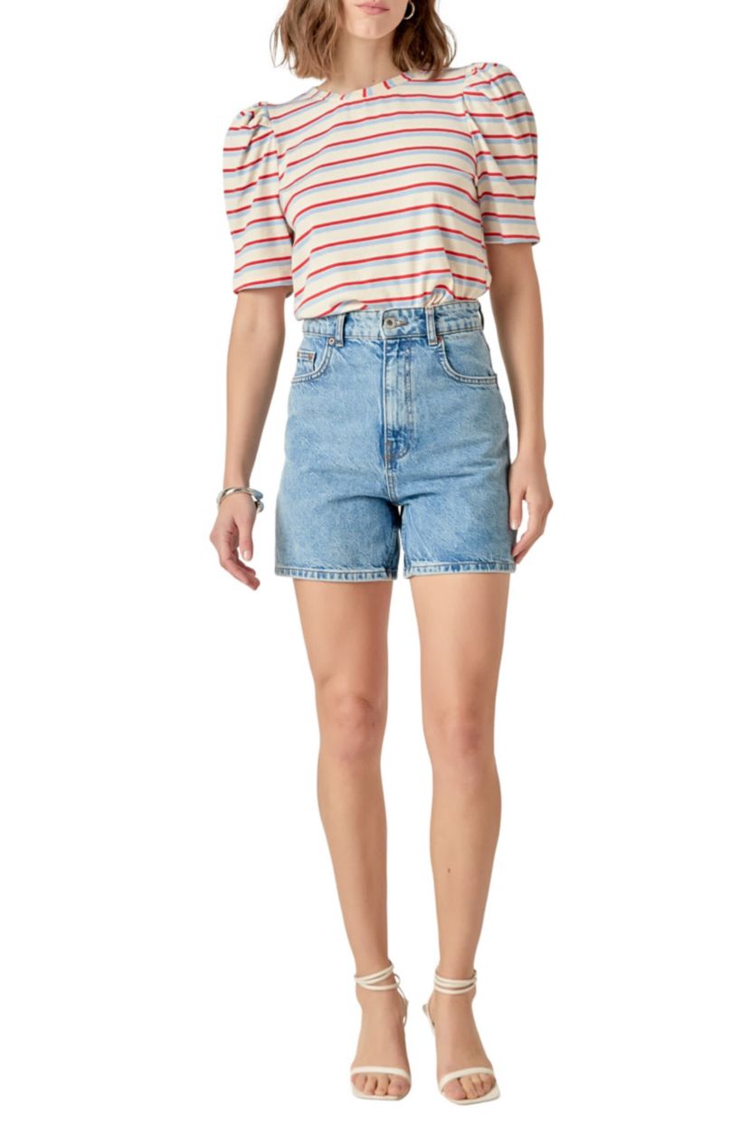STRIPE KNIT PUFF SLEEVE SHIRT