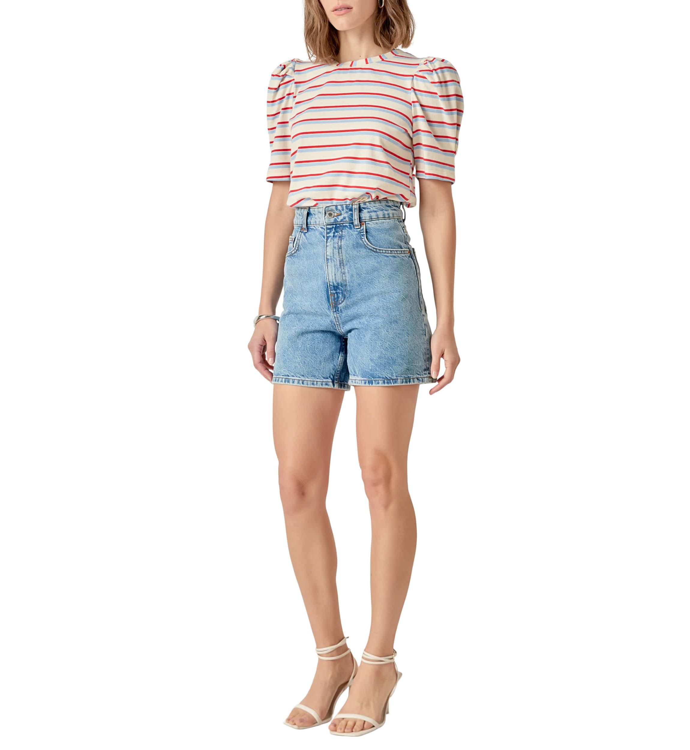 STRIPE KNIT PUFF SLEEVE SHIRT