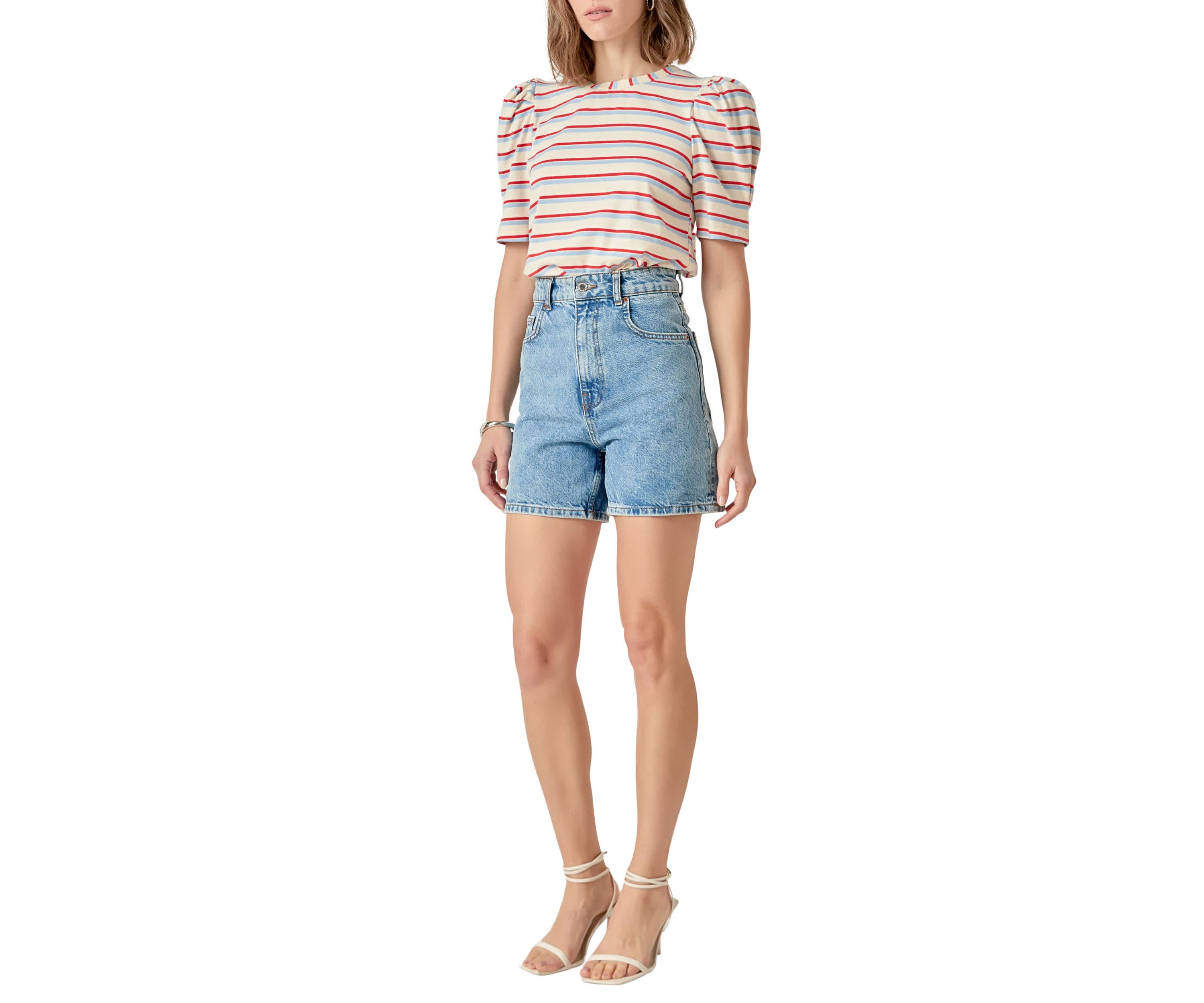 STRIPE KNIT PUFF SLEEVE SHIRT