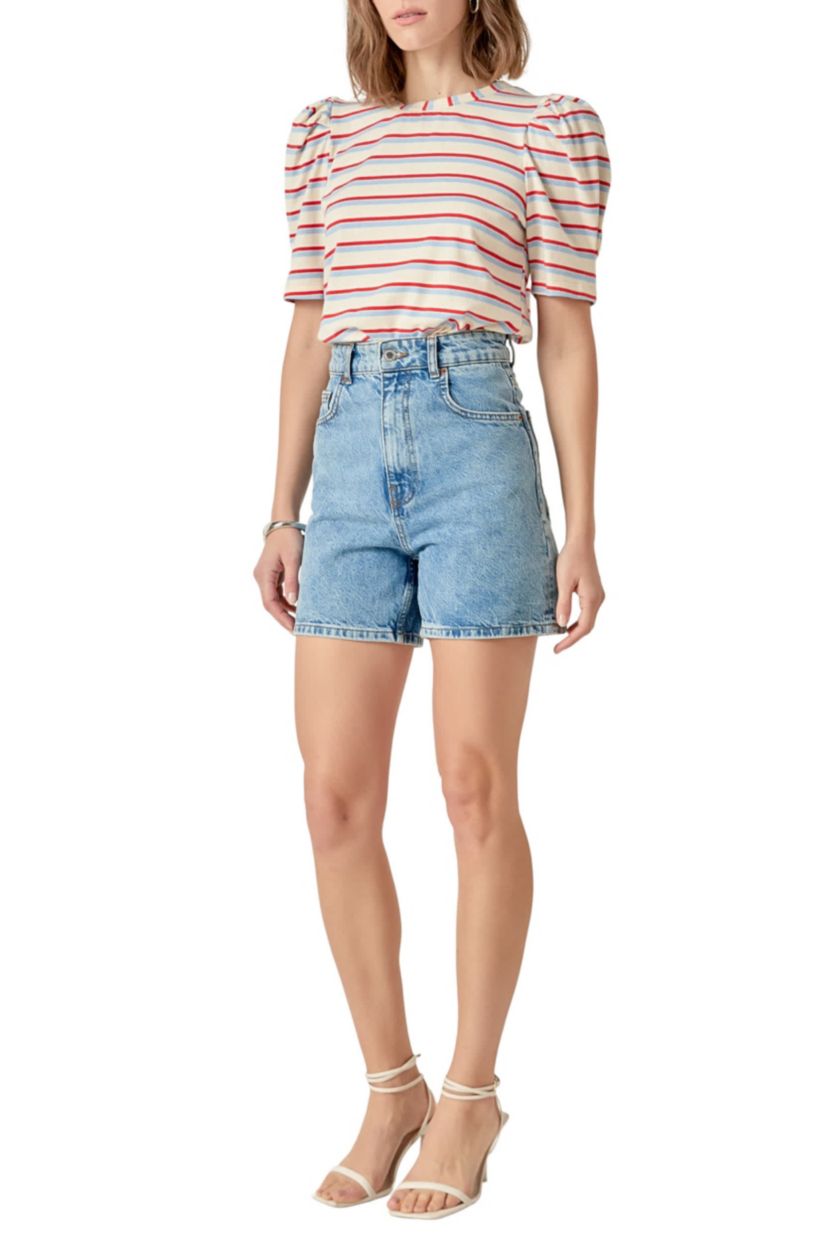 STRIPE KNIT PUFF SLEEVE SHIRT