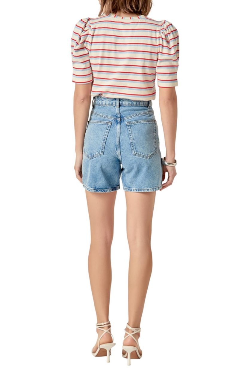 STRIPE KNIT PUFF SLEEVE SHIRT