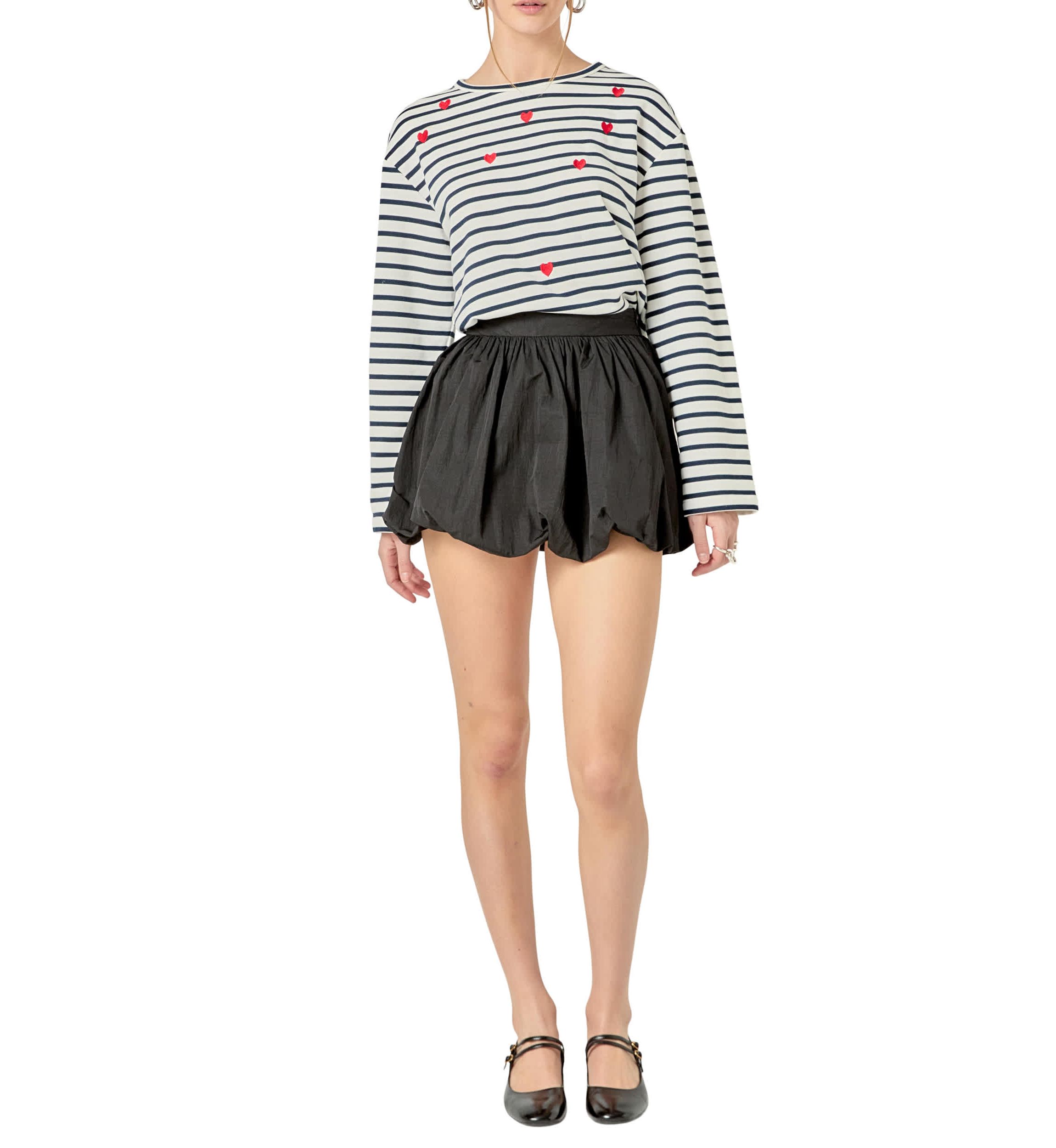 HEART EMBROIDERED STRIPE T SHIRT