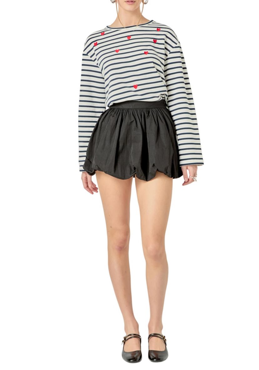 HEART EMBROIDERED STRIPE T SHIRT