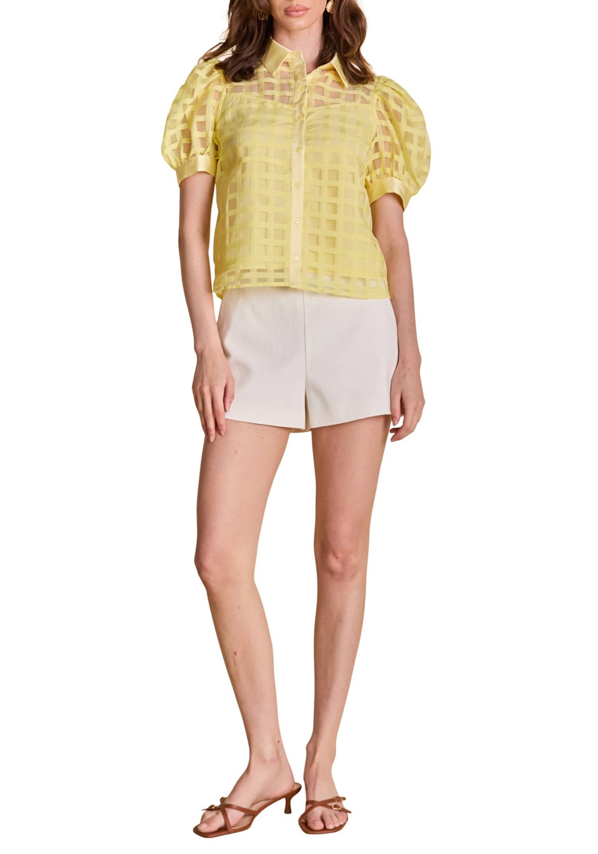 Short Sleeve Organza Grid Blouse
