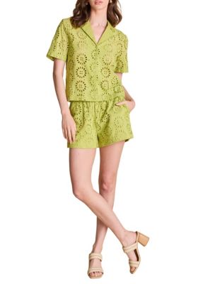 ENGLISH FACTORY Women's EMBROIDERED COTTON CAMP SHIRT, Green, Large