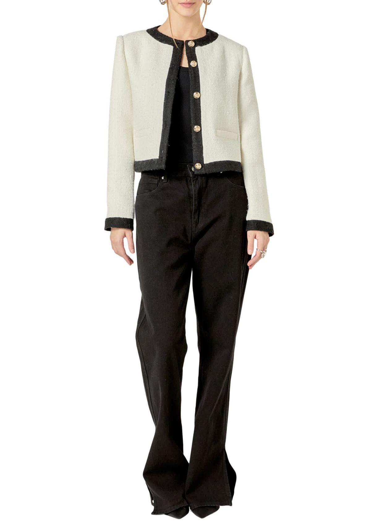 WHITE & BLACK COLLARLESS TWEED JACKET