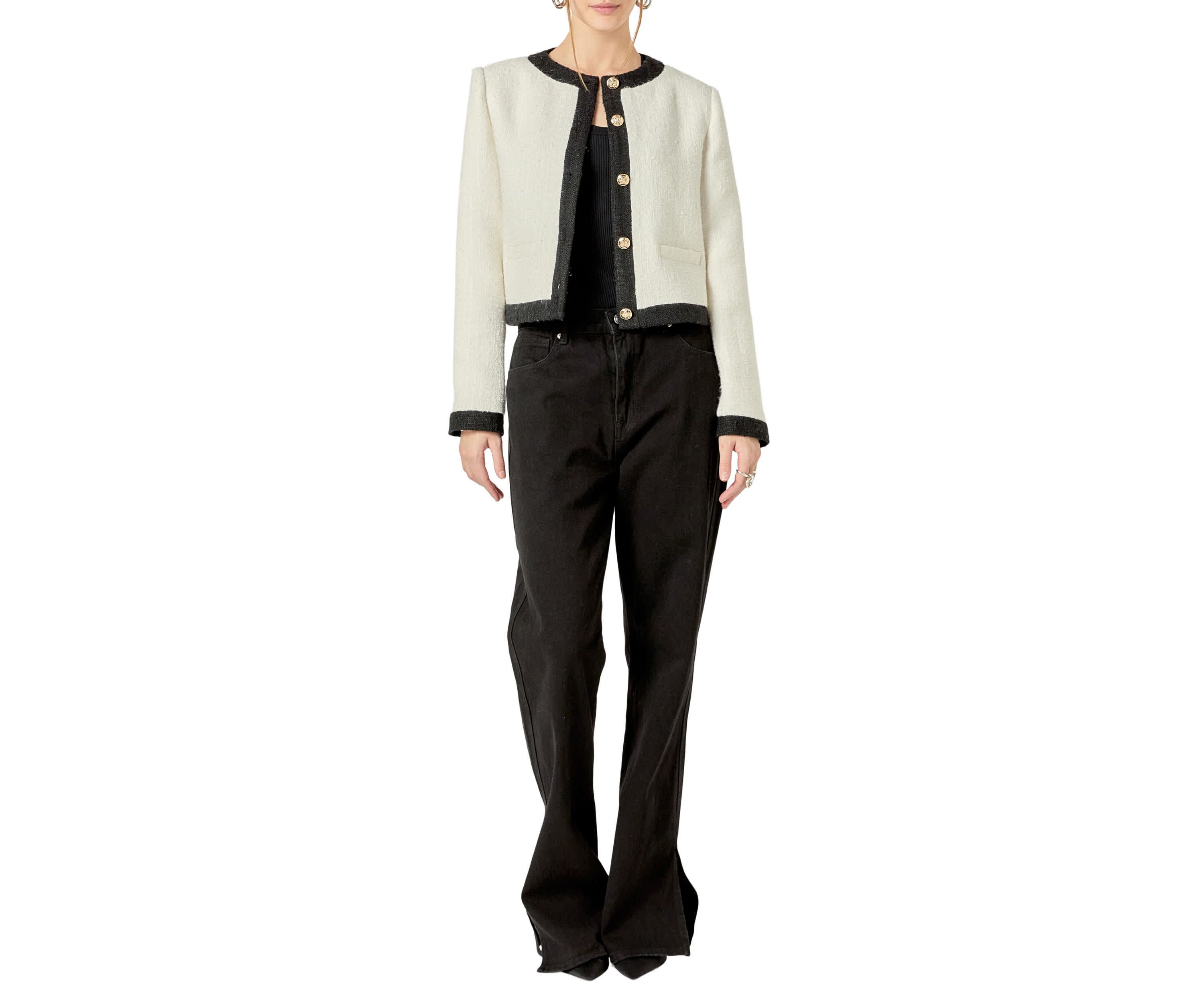 WHITE & BLACK COLLARLESS TWEED JACKET