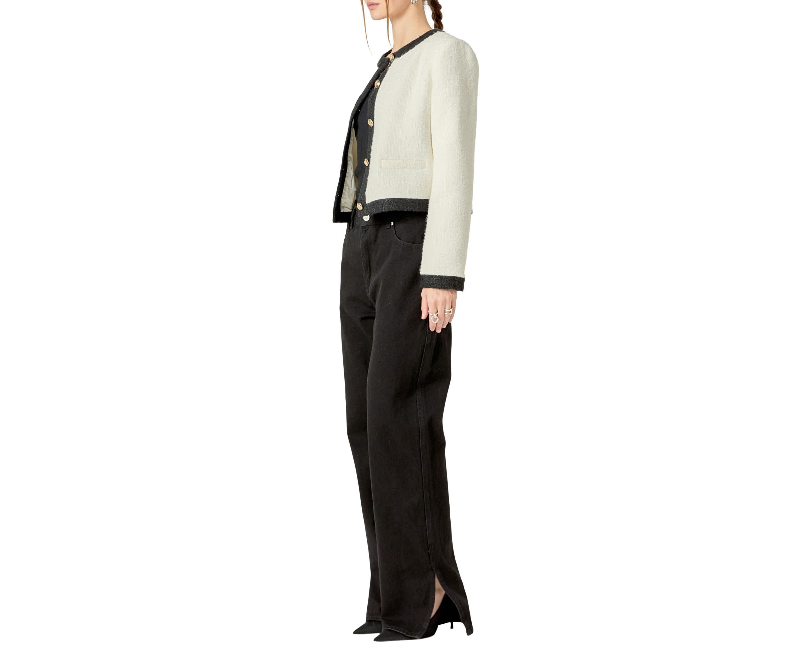 WHITE & BLACK COLLARLESS TWEED JACKET