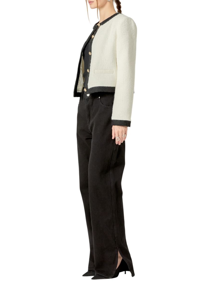 WHITE & BLACK COLLARLESS TWEED JACKET