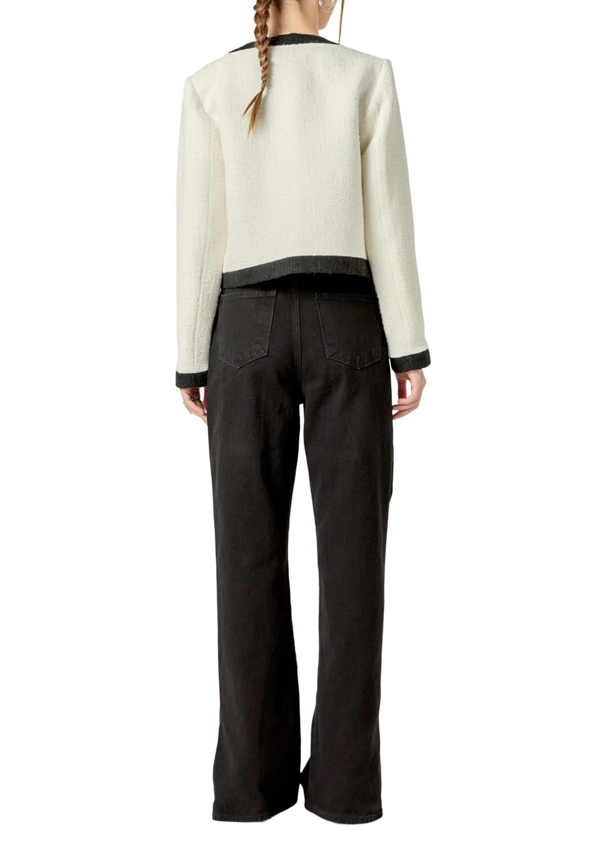 WHITE & BLACK COLLARLESS TWEED JACKET