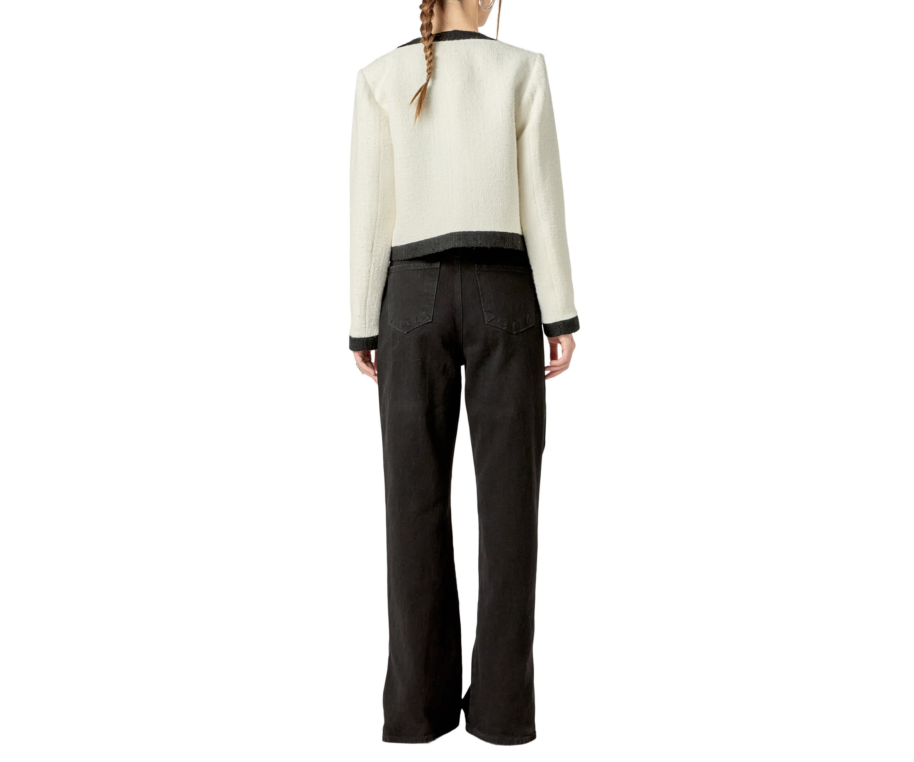 WHITE & BLACK COLLARLESS TWEED JACKET