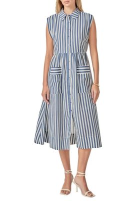 ENGLISH FACTORY Women's SEARSUCKER STRIPED MIDI DRESS, Medium