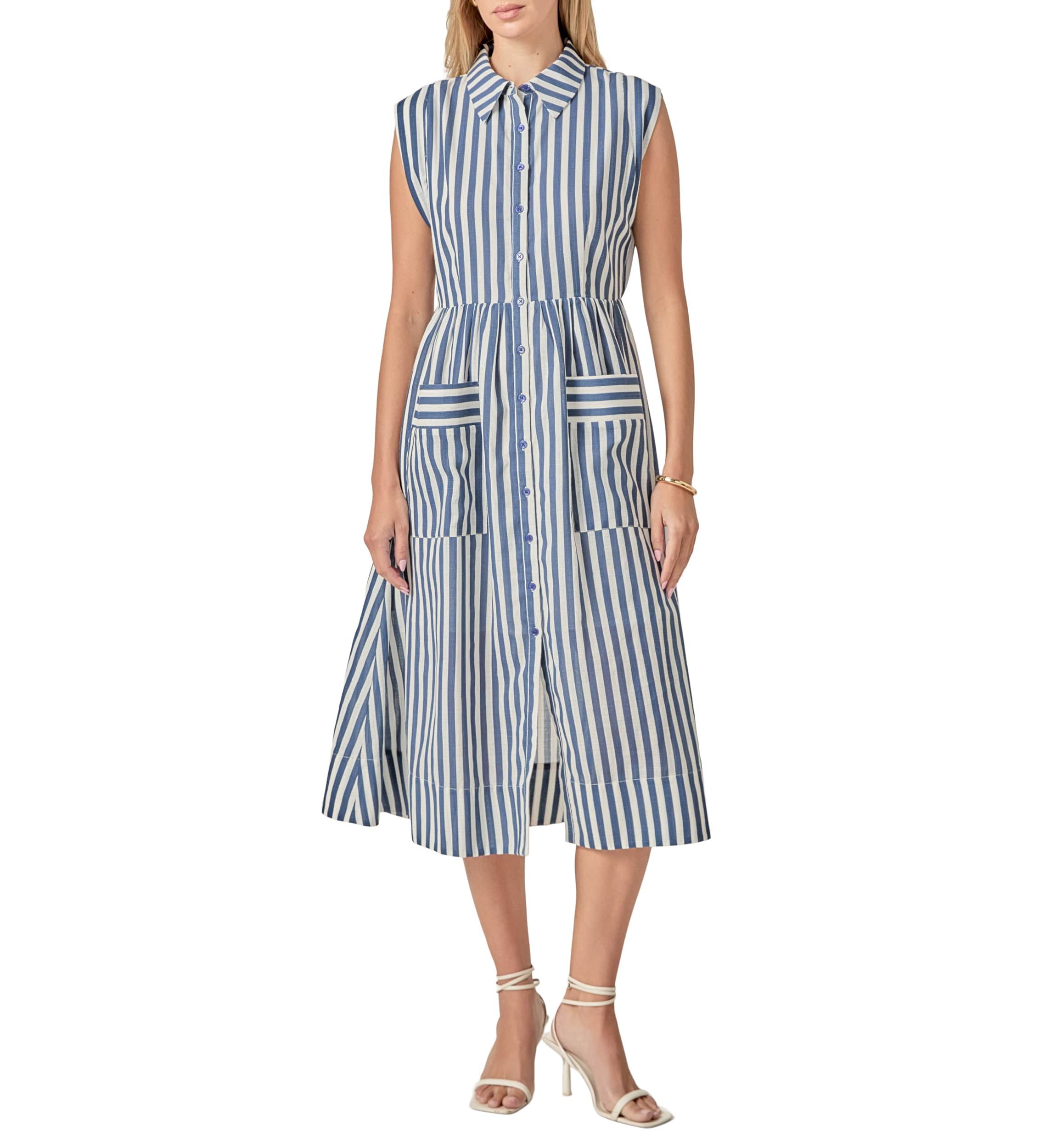 SEARSUCKER STRIPED MIDI DRESS