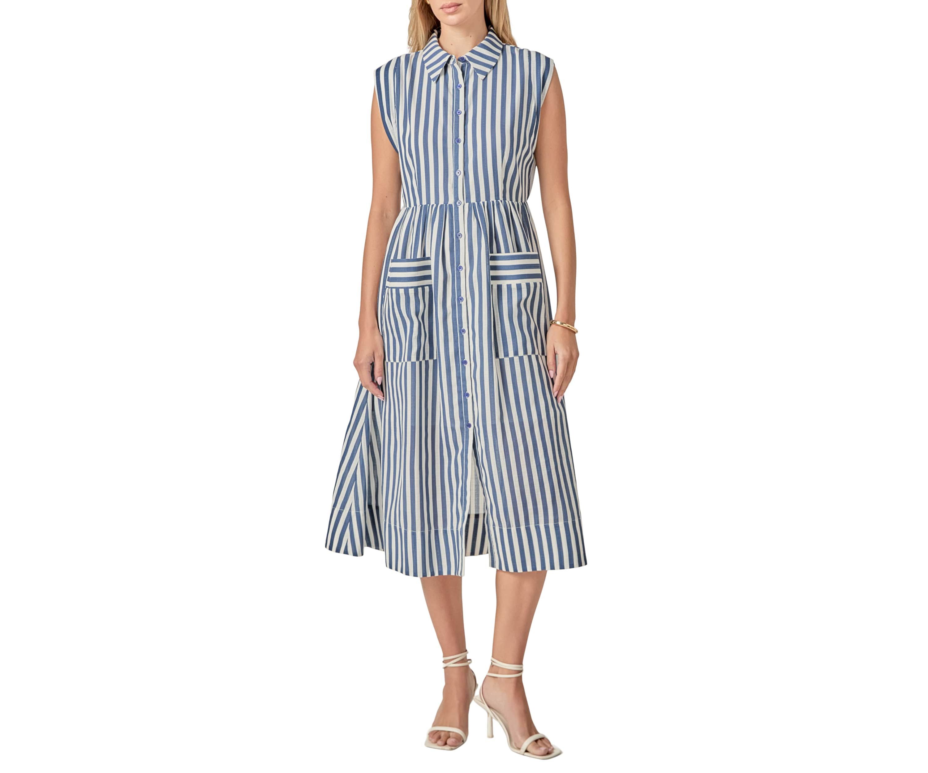 SEARSUCKER STRIPED MIDI DRESS