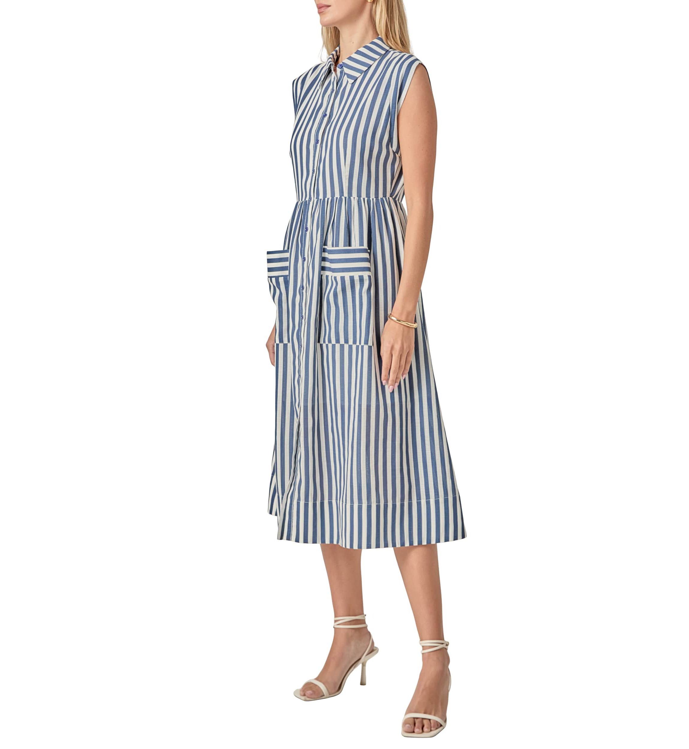 SEARSUCKER STRIPED MIDI DRESS