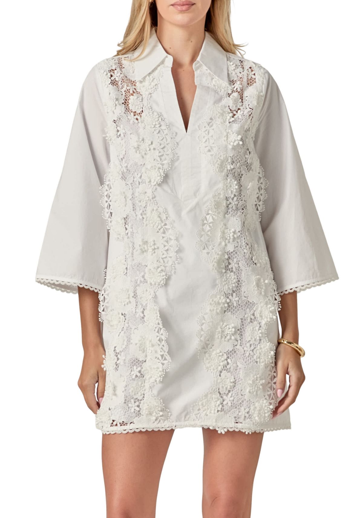 LACE TRIMMED SHIRT MINI DRESS