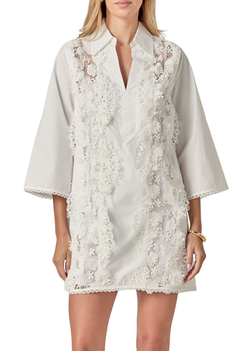 LACE TRIMMED SHIRT MINI DRESS