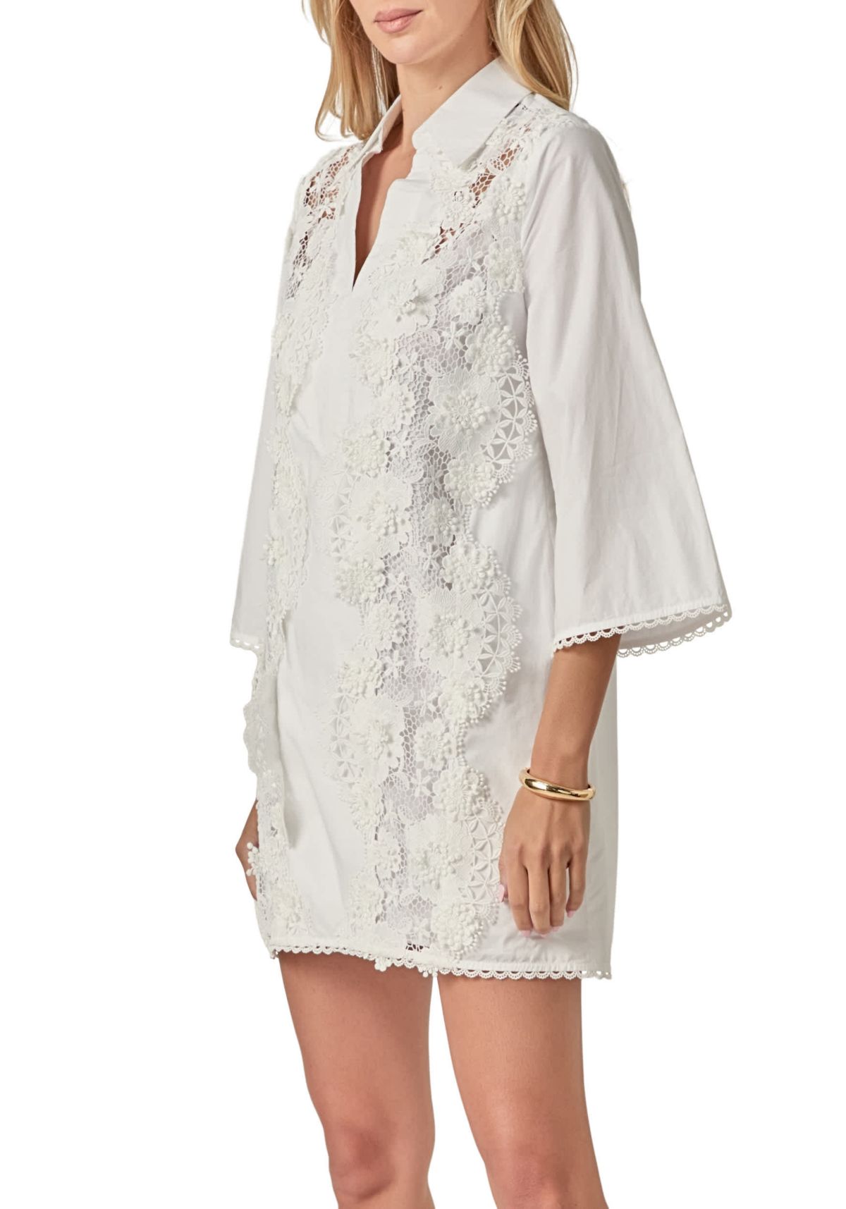 LACE TRIMMED SHIRT MINI DRESS